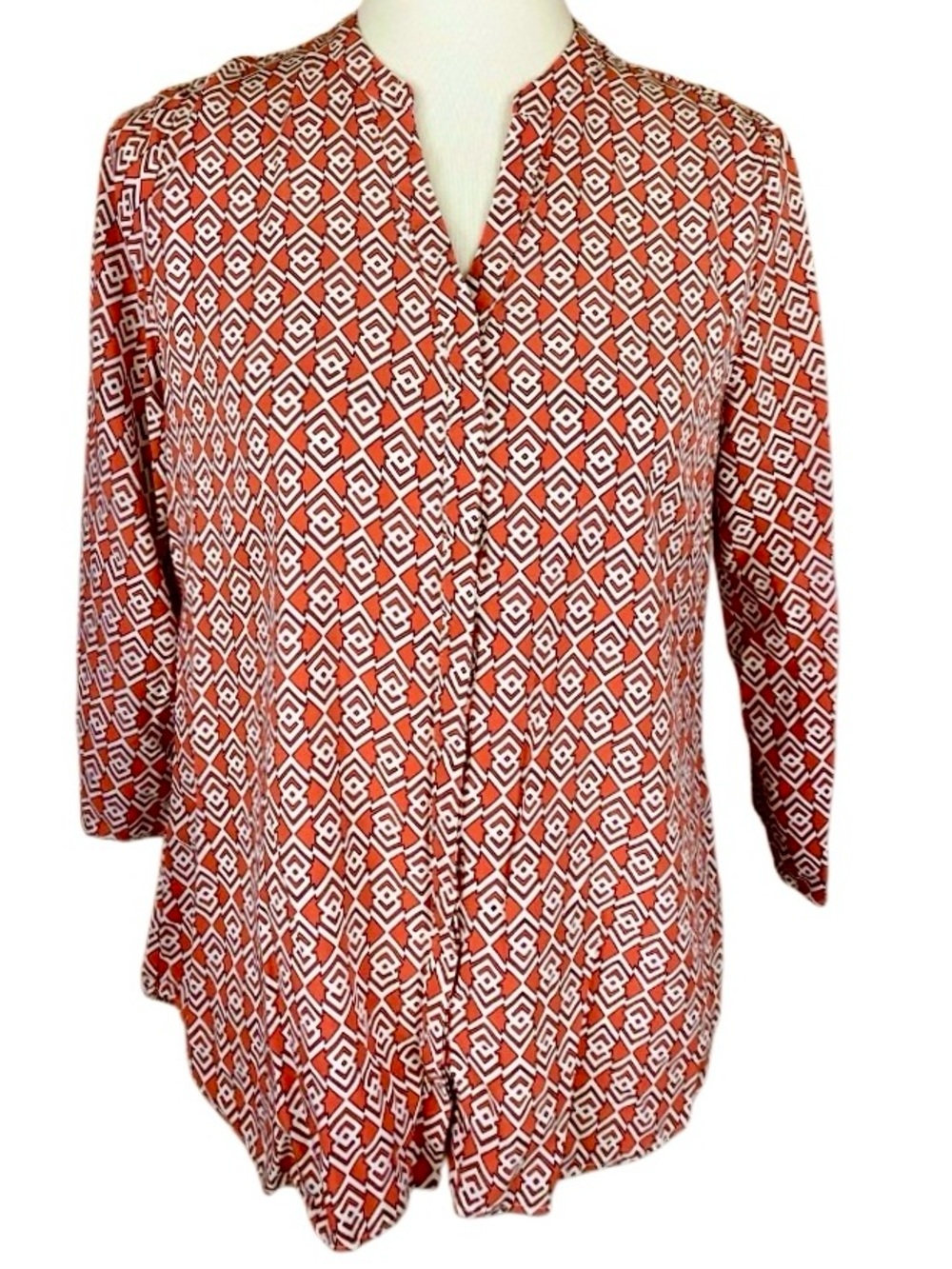 Cynthia Rowley Geometric 3/4 Sleeve Knit Blouse in Orange/White Womens XL